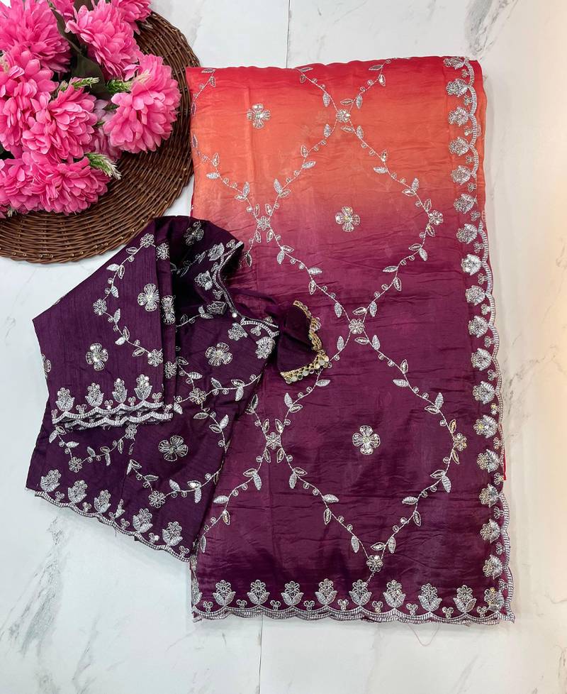 ombre pattern purple crush silk blend saree with stitched blouse