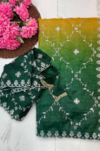 ombre pattern yellow crush silk blend saree with stitched blouse