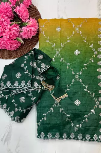 ombre pattern yellow crush silk blend saree with stitched blouse