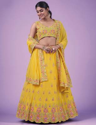 Mustard Real mirror thread sequin embroidered Georgette indian designer lehenga dress 2
