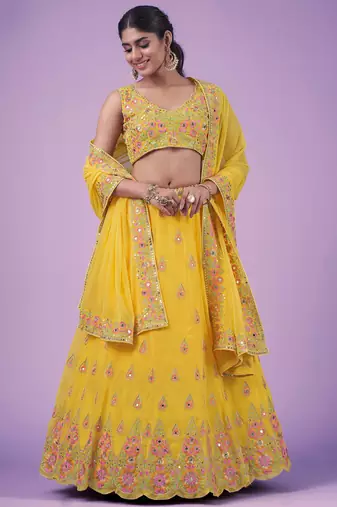 Mustard Real mirror thread sequin embroidered Georgette indian designer lehenga dress