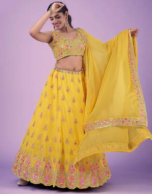 Mustard Real mirror thread sequin embroidered Georgette indian designer lehenga dress 3