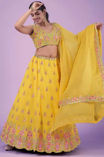 Mustard Real mirror thread sequin embroidered Georgette indian designer lehenga dress