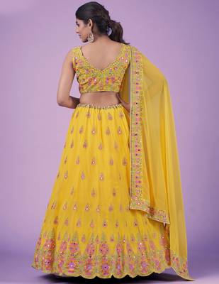 Mustard Real mirror thread sequin embroidered Georgette indian designer lehenga dress 4