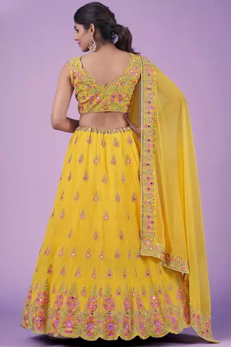 Mustard Real mirror thread sequin embroidered Georgette indian designer lehenga dress