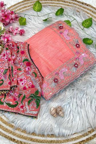 ombre pattern peach candy crush silk blend saree with stitched blouse