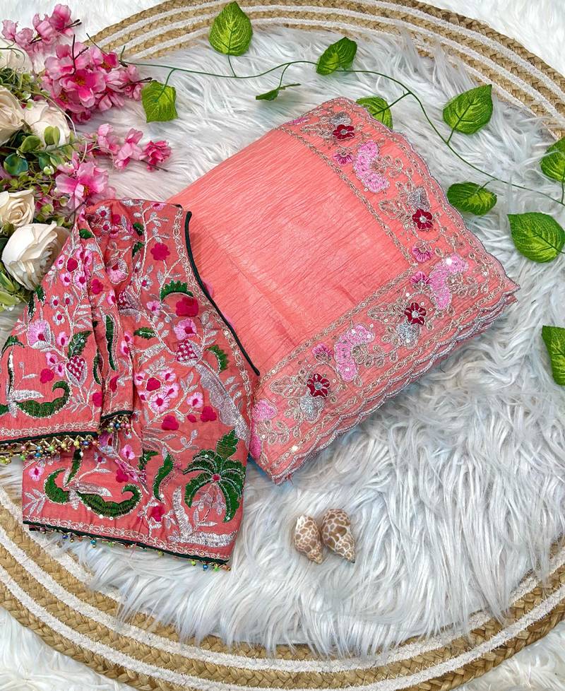 ombre pattern peach candy crush silk blend saree with stitched blouse