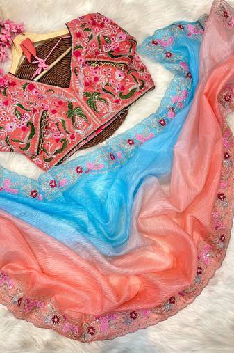 ombre pattern sky blue candy crush silk blend saree with stitched blouse