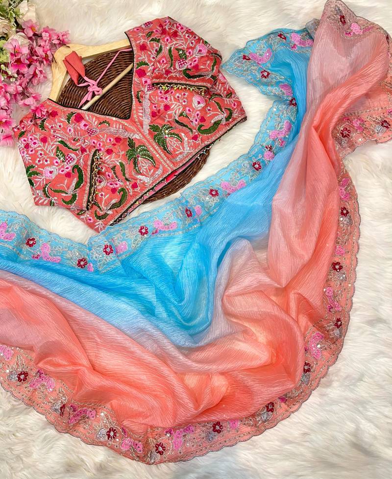 ombre pattern sky blue candy crush silk blend saree with stitched blouse