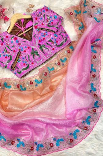ombre pattern pink candy crush silk blend saree with stitched blouse