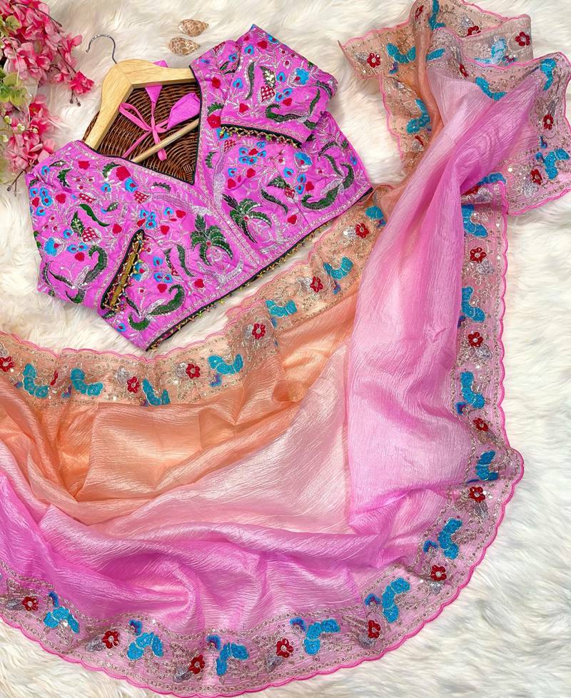 ombre pattern pink candy crush silk blend saree with stitched blouse