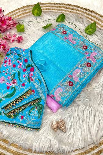 ombre pattern blue candy crush silk blend saree with stitched blouse