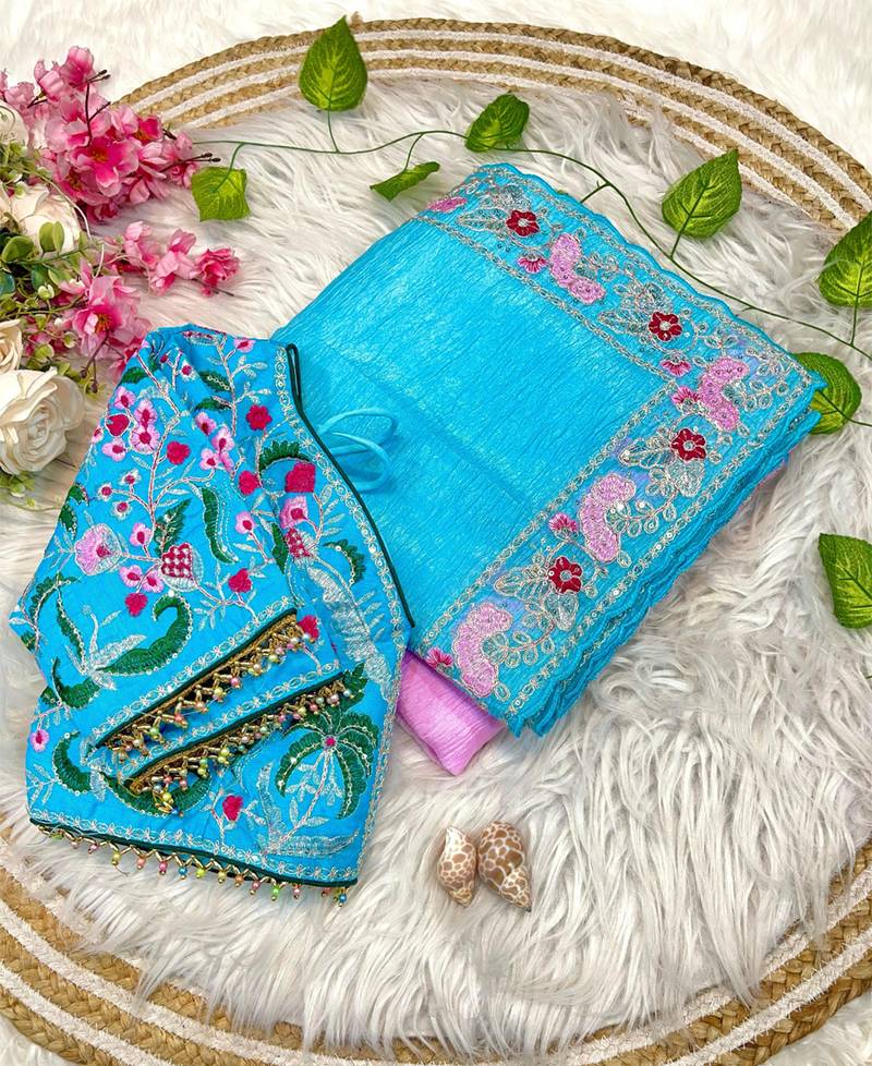 ombre pattern blue candy crush silk blend saree with stitched blouse