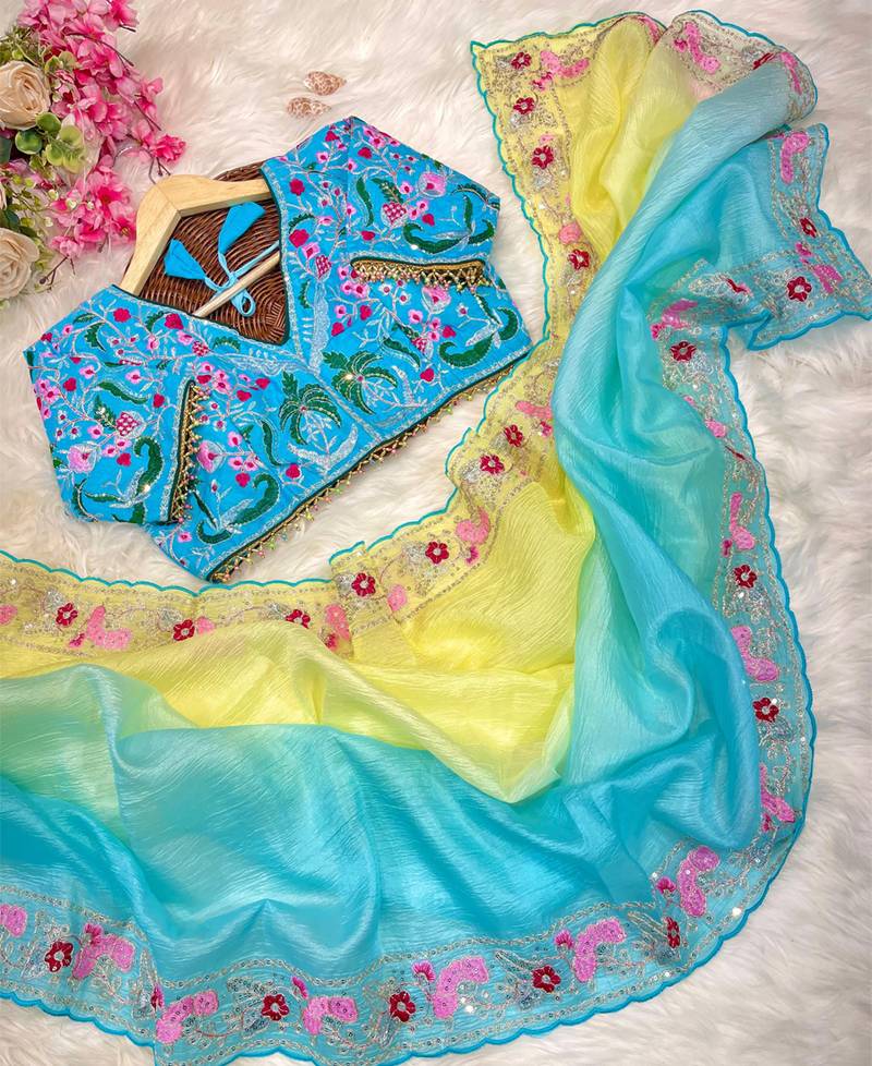 ombre pattern yellow candy crush silk blend saree with stitched blouse