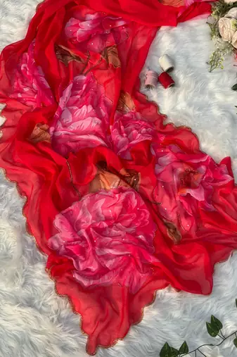 red foral printed chiffon saree with hand work with stitched blouse
