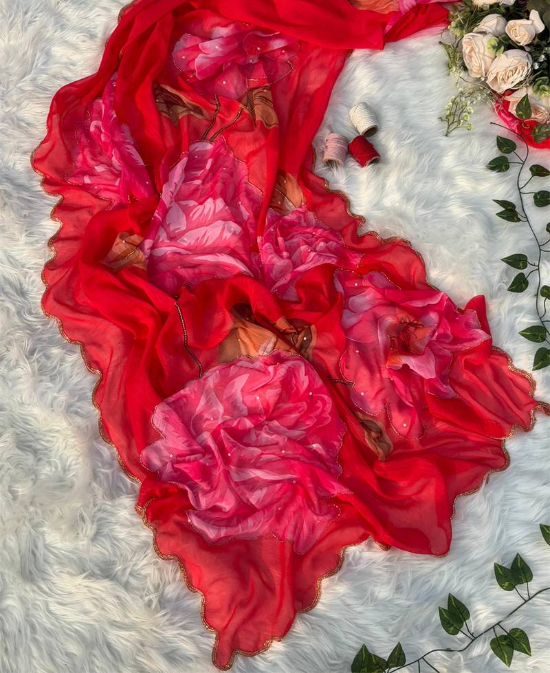 red foral printed chiffon saree with hand work with stitched blouse