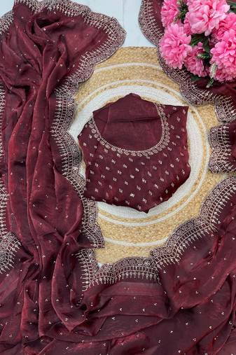 maroon fendy satin silk blend saree with diamond work with stitched blouse