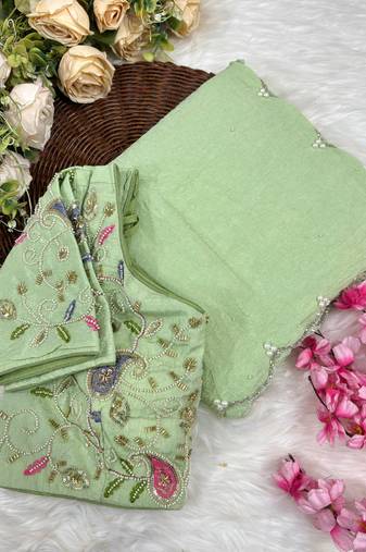 pista crunchy silk blend saree with hand work with stitched blouse