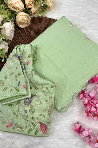 pista crunchy silk blend saree with hand work with stitched blouse