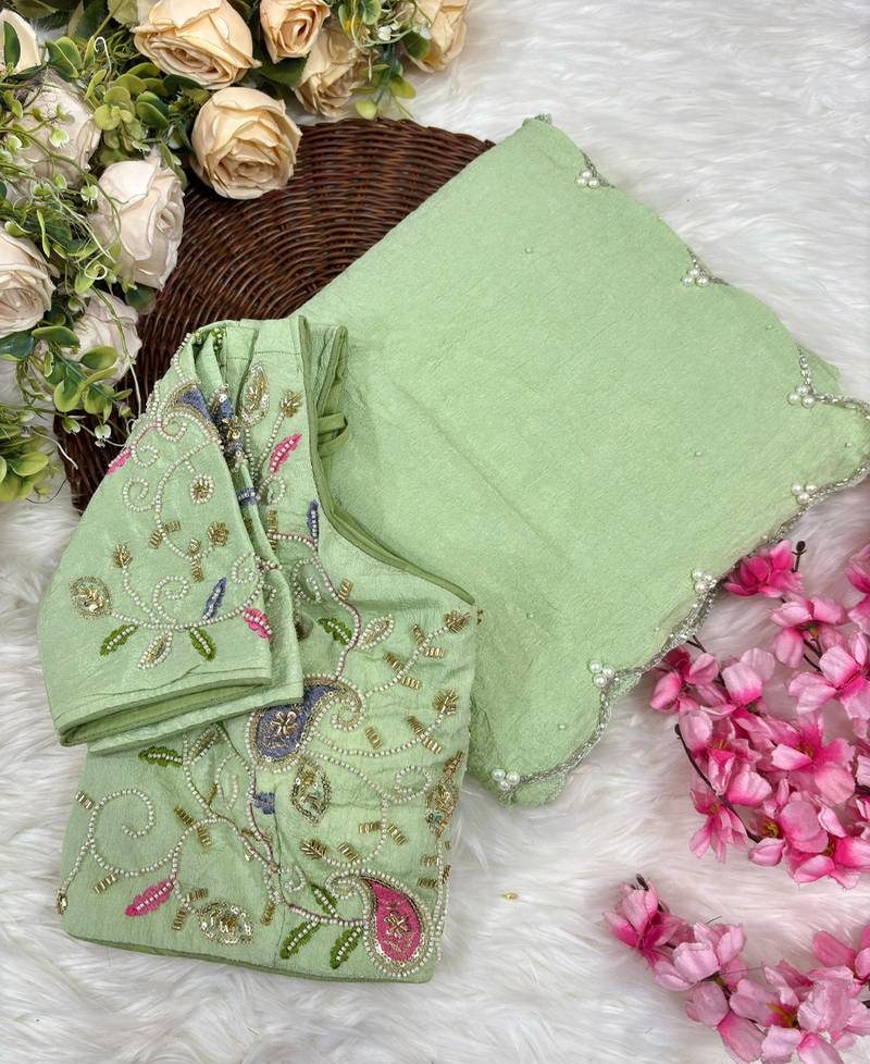 pista crunchy silk blend saree with hand work