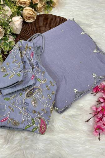 lavender crunchy silk blend saree with hand work with stitched blouse