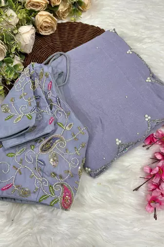 lavender crunchy silk blend saree with hand work with stitched blouse