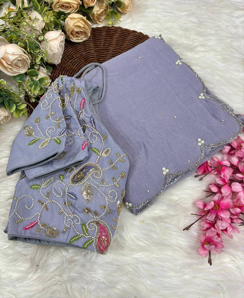 lavender crunchy silk blend saree with hand work