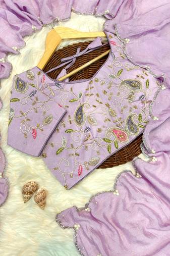 lilac crunchy silk blend saree with hand work
