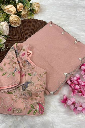 peach crunchy silk blend saree with hand work