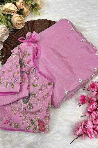 pink crunchy silk blend saree with hand work