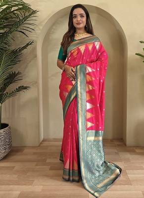 Rani Pink Kanchipuram silk blend Saree 1