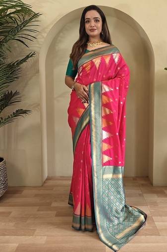 Rani Pink Kanchipuram silk blend Saree