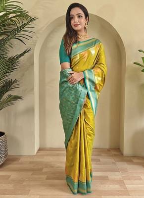 Lime Kanchipuram silk blend Saree 1