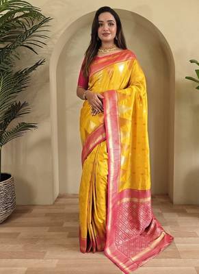 Yellow Kanchipuram silk blend Saree 1