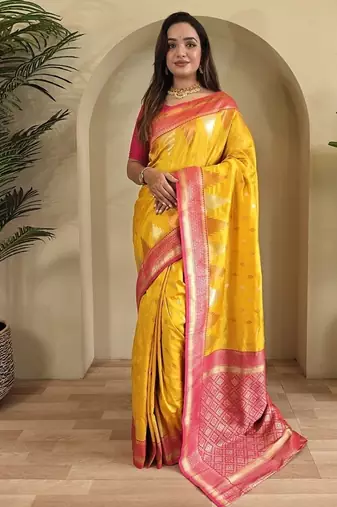 Yellow Kanchipuram silk blend Saree