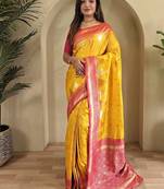 Yellow Kanchipuram silk blend Saree