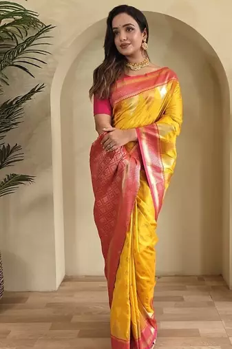 Yellow Kanchipuram silk blend Saree