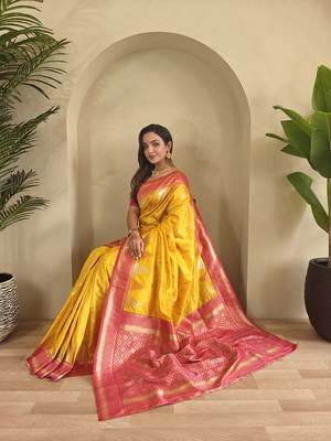 Yellow Kanchipuram silk blend Saree 3