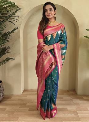 Teal Kanchipuram silk blend Saree 2