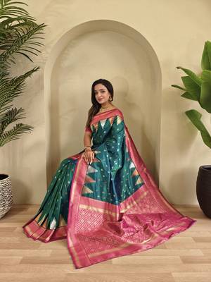 Teal Kanchipuram silk blend Saree 3