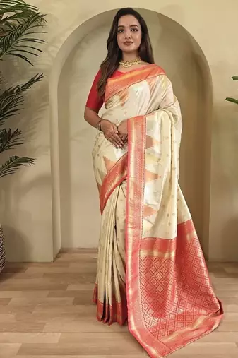 White Kanchipuram silk blend Saree