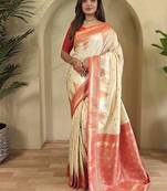 White Kanchipuram silk blend Saree