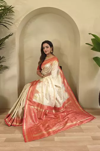 White Kanchipuram silk blend Saree