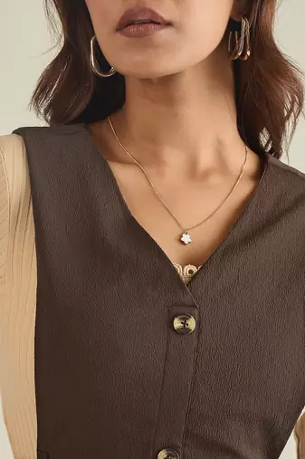 Brown solid pinafore dress with button