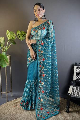 Enchanting teal designer chain stitch embroidered butterfly net fabric indian designer saree