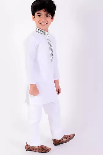 White cotton plain kurta pyjama