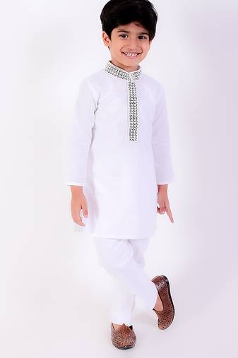White cotton plain kurta pyjama