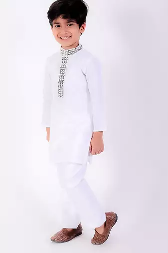 White cotton plain kurta pyjama