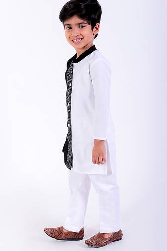 Black & white cotton plain kurta pyjama