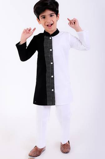 Black & white cotton plain kurta pyjama